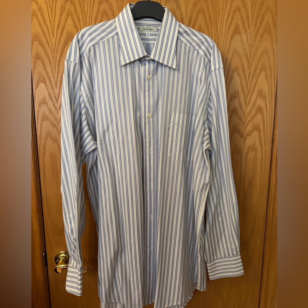 Faconnable White and Blue Striped Dress Shirt